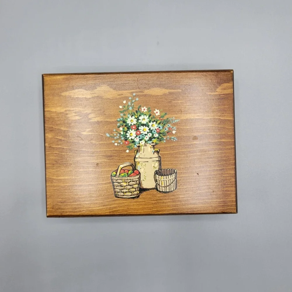 Vintage Decorative Wooden Trinket Box With Flower & Basket Design